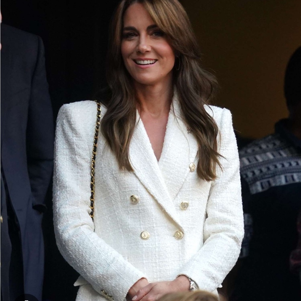 Zara White Tweed Gold Button Blazer